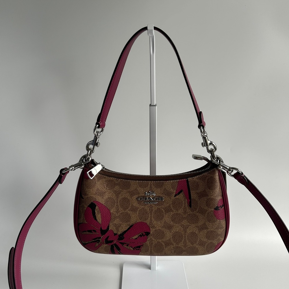 Coach Teri Shoulder Bag Khaki Pink Signature Canvas Bow Print Excellent
